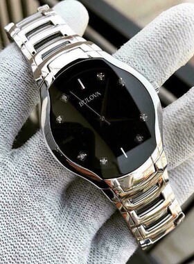 代购BULOVA宝路华黑色水钻钢带简约情侣无边框石英男女手表96D117