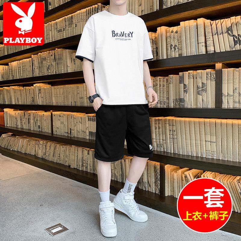 花花公子冰丝短袖T恤男夏季新款青少年男装搭配一套帅气休闲套装