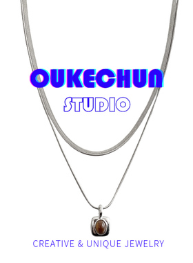 小众设计棕色方形吊坠双层项链女