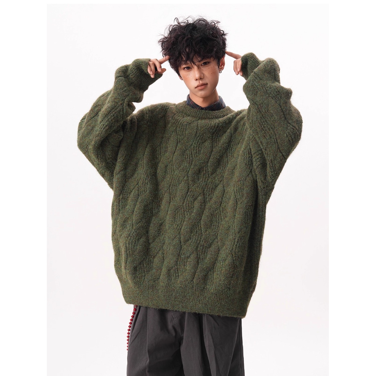 复古氛围感圆领毛衣男女款秋冬宽松慵懒感麻花厚实情侣针织外套衣