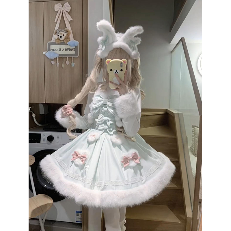 甜冬小兔 日系冬日甜美可爱蝴蝶结少女连衣裙+斗篷两件套小个子女