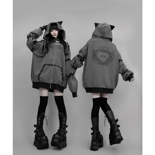 暗黑哥特秋冬款千禧连帽十字架猫耳亚文化y2k朋克拉链卫衣外套女
