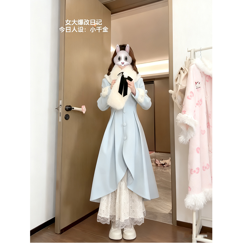 芬兰冬日 冬季新款优雅大小姐毛绒围脖中长款毛呢外套大衣两件套