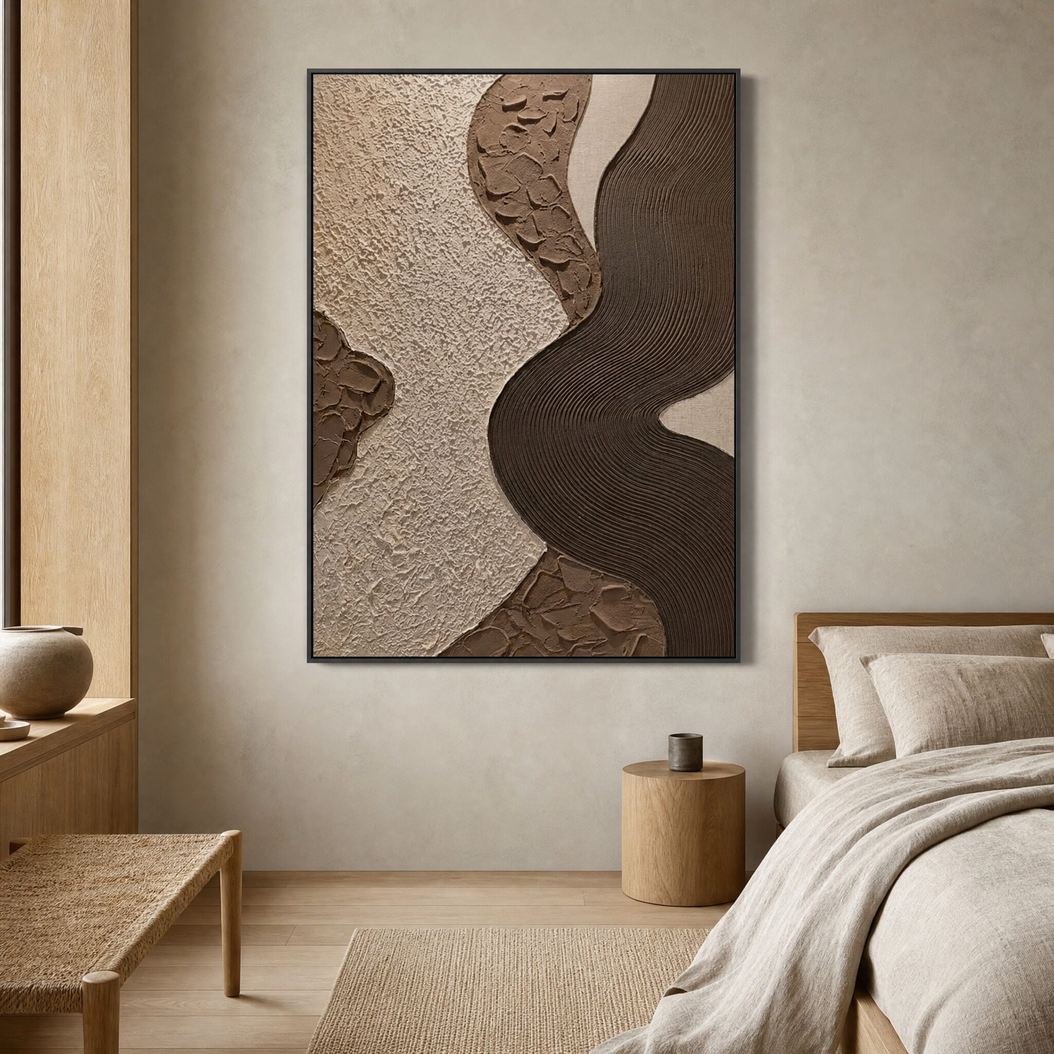 手绘油画现代简约抽象客厅装饰画侘寂风玄关立体竖版挂画
