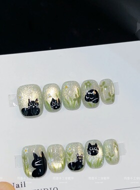 雨墨纯手工穿戴甲小黑猫卡通