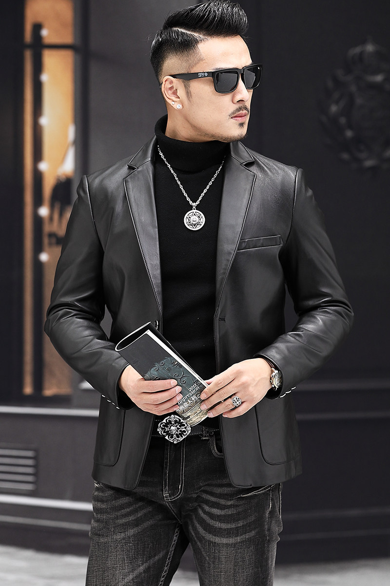 2021秋季薄款真皮皮衣男绵羊皮外套西服男韩版修身休闲西装P450,男装皮衣,电商B360