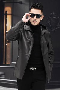 DLSN89292男士2021秋冬新款山羊皮真皮皮衣男连帽休闲皮风衣图片