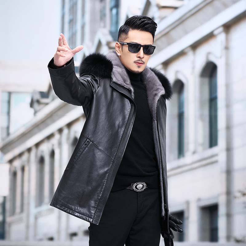 YP-PK2067真皮牛皮外套水貂内胆衣男士皮衣中长款貂皮皮克服P5300图片