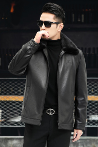 J8069新款海宁男式绵羊皮真皮皮衣男翻领兔毛内胆皮克服夹克图片