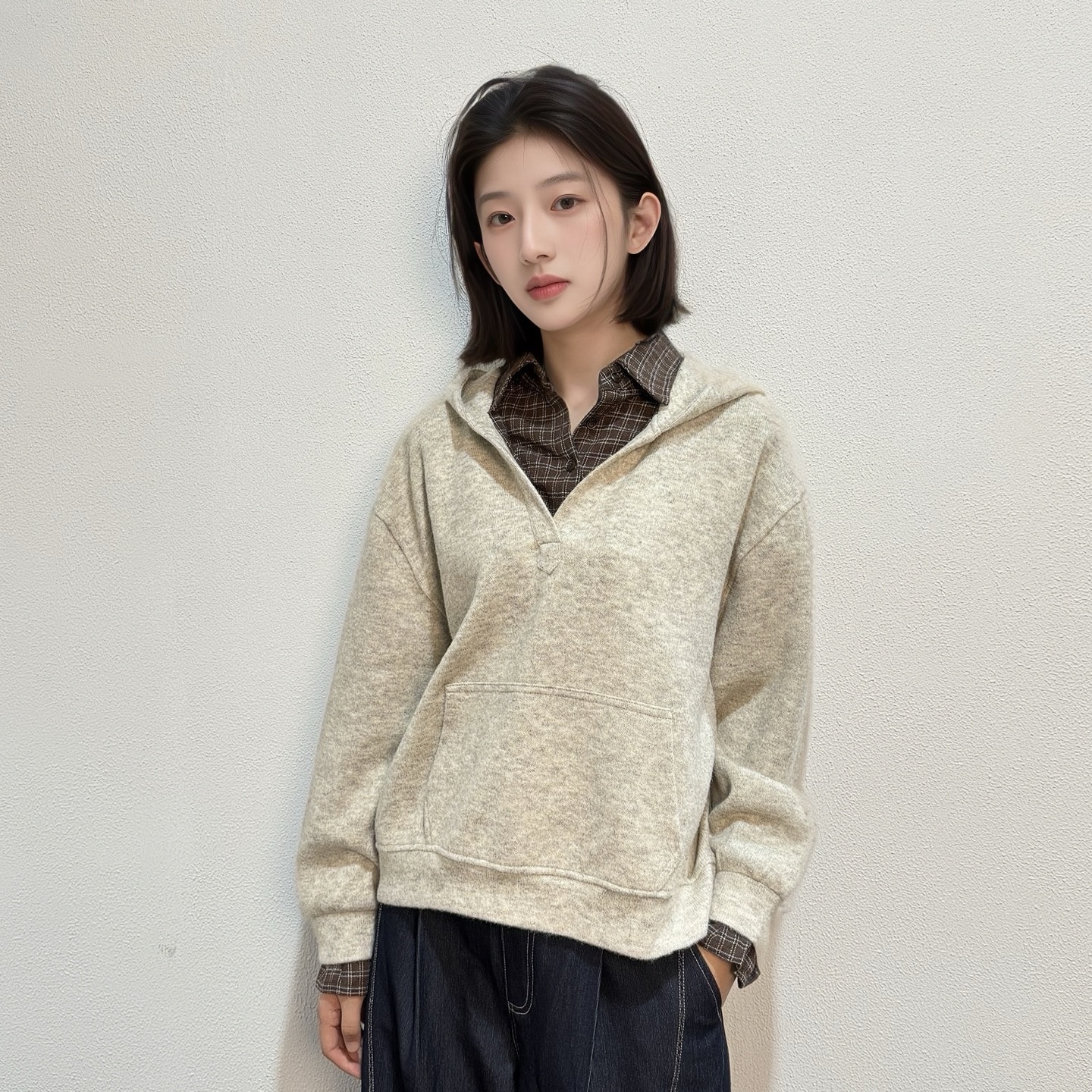 ZUOTU连帽休闲假两件格纹衬衫卫衣女25秋冬新款百搭长袖宽松上衣