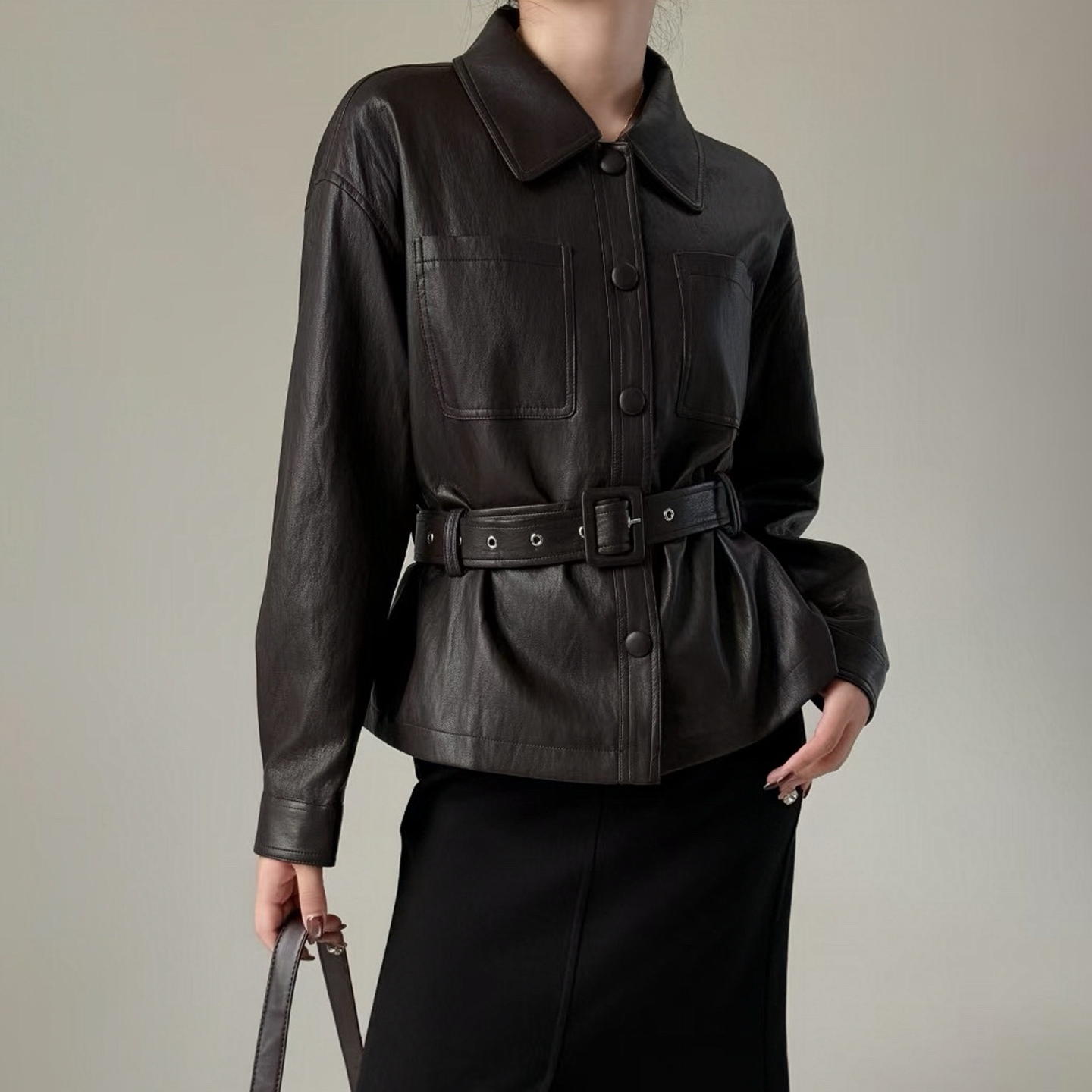 宋佳同款皮衣收腰外套女2025秋新款洋气复古短款机车绵羊皮夹克