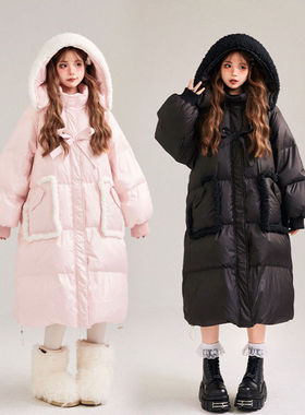 【编织梦境】粉色蝴蝶结可爱减龄宽松气质中长款棉服外套女冬季