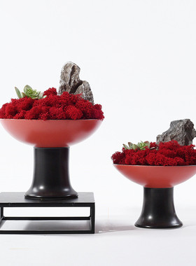 新中式仿真花艺红色盆摆件洽谈桌客厅样板房书房餐厅餐桌软装饰品