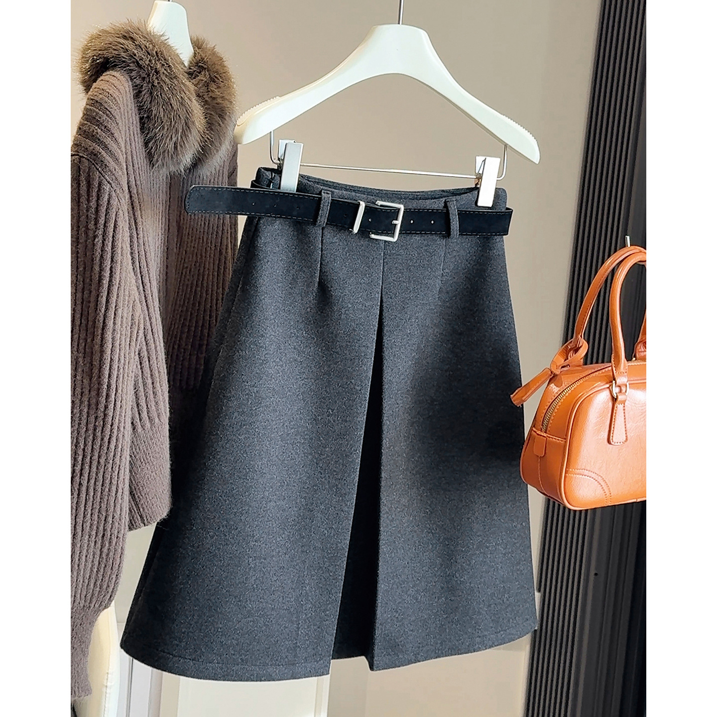 复古韩版气质加厚毛呢半身裙女秋冬新款高腰显瘦开叉百搭a字中裙