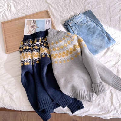 费尔岛穿搭提花毛衣女新款裤子套装秋冬款冬装针织上衣