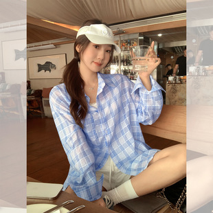 蓝色格纹单排扣Polo领防晒衬衫 慵懒休闲设计感 女2025夏季 新款