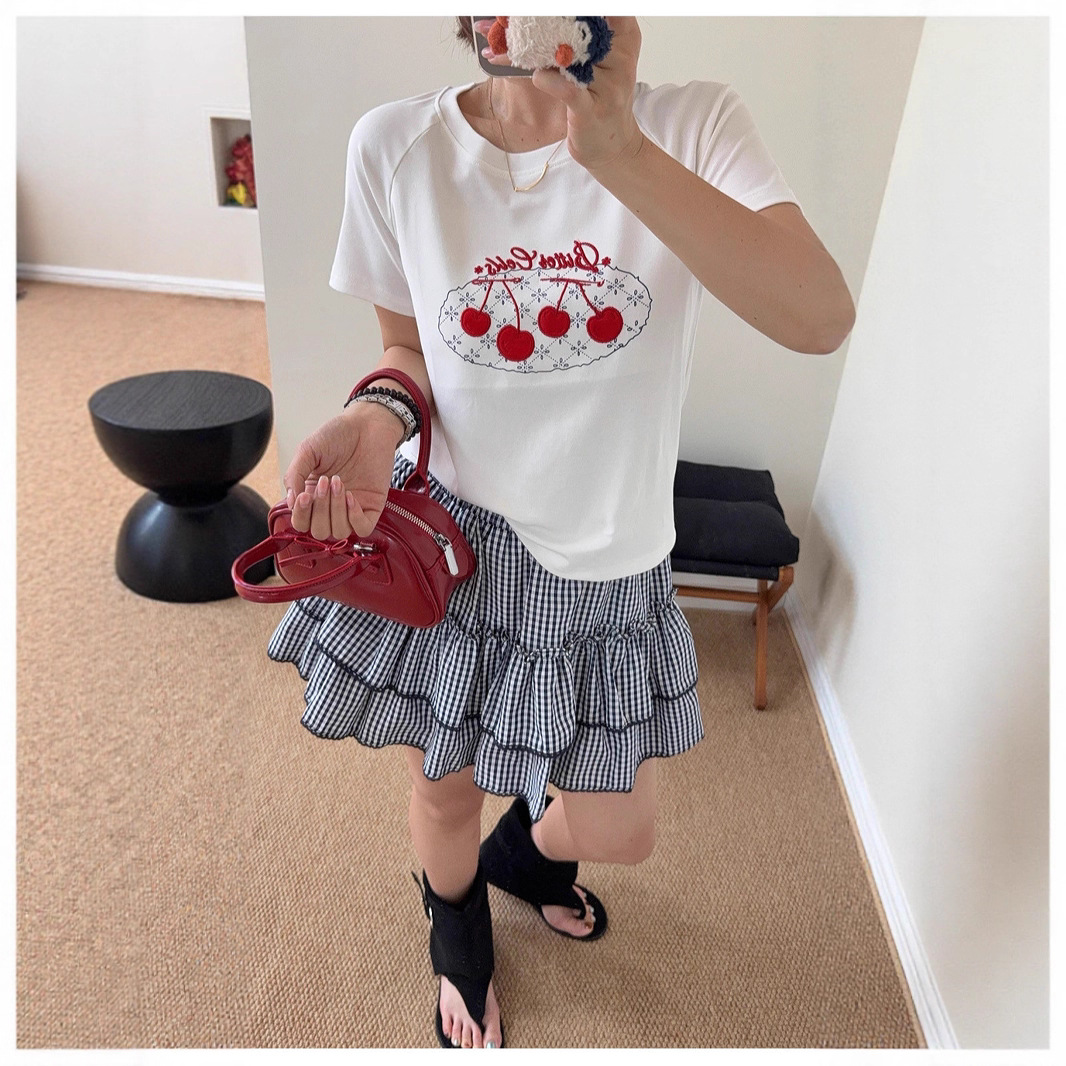 韩系CHOI赵美延同款樱桃刺绣T恤女夏季新款小众圆领百搭短袖上衣