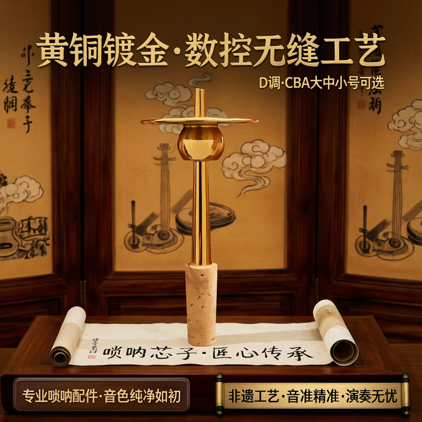 唢呐芯子黄铜专业锁呐镀金钦子可调节数控无缝工艺D调CBA大中小号