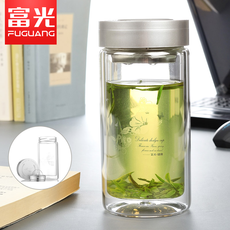 富光 健牌双层玻璃杯700-680ml 玻璃透明带盖水杯子