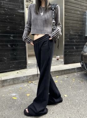 Aaakane 美式低腰卫裤黑色宽松显瘦阔腿微喇裤长裤休闲裤子女春秋