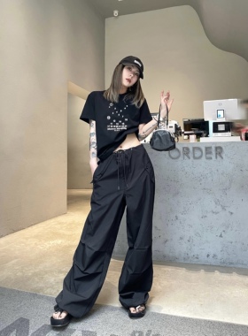 Aaakane美式工装裤轻薄宽松直筒裤休闲裤降落伞裤女夏季新款裤子