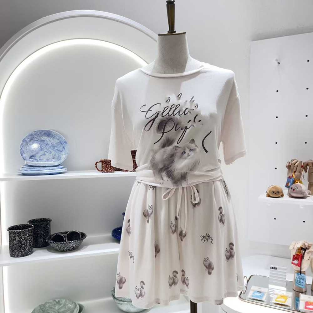日系软糯垂感凉感布偶猫印花短袖短裤宽松舒适睡衣女夏家居服外穿