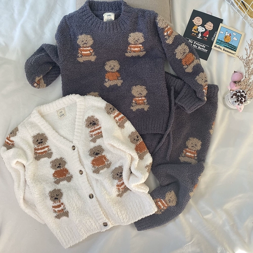 Мультяшная утепленная комфортная мягкая пижама подходит для мужчин и женщин для девочек, осенний демисезонный комплект, с медвежатами