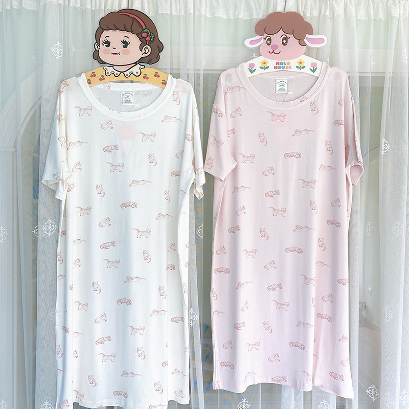 夏天宽松T恤裙女士时尚居家连衣裙猫咪睡衣莫代尔睡裙女2022新款