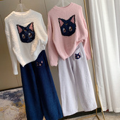 日系卡通露娜可爱刺绣猫美少女宽松圆领软绵绵睡衣网红保暖家居服