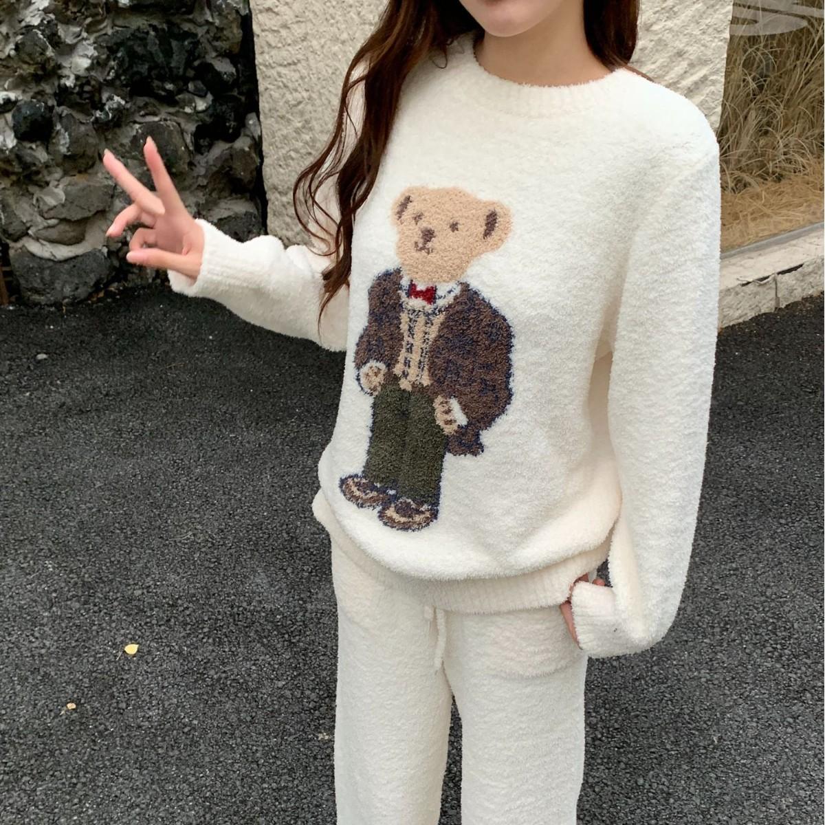 日系2024年秋冬新款软绵绵圆领加厚保暖云感绒宽松睡衣家居服女
