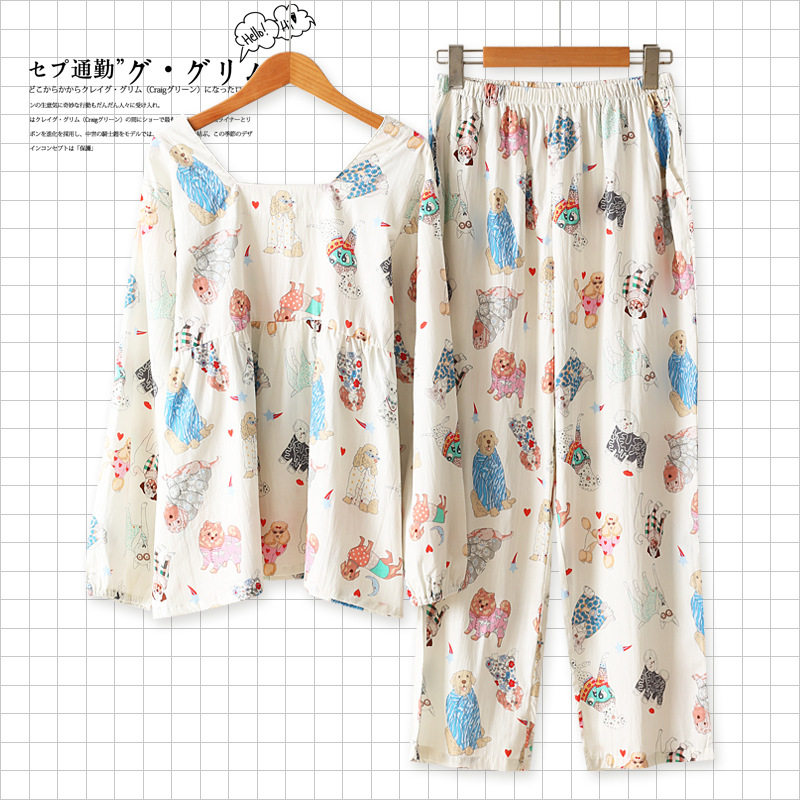 韩版秋季新款女士纯棉家居服宽松大码可爱卡通娃娃服长袖长裤睡衣