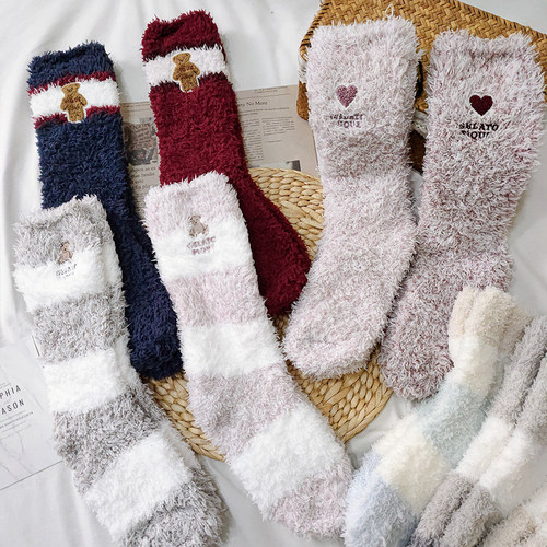 保暖女半边绒卡通刺绣袜子高筒