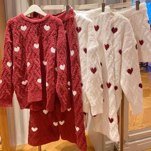 日系经典针织爱心加绒加厚保暖睡衣女秋冬软绵绵云感绒套头家居服
