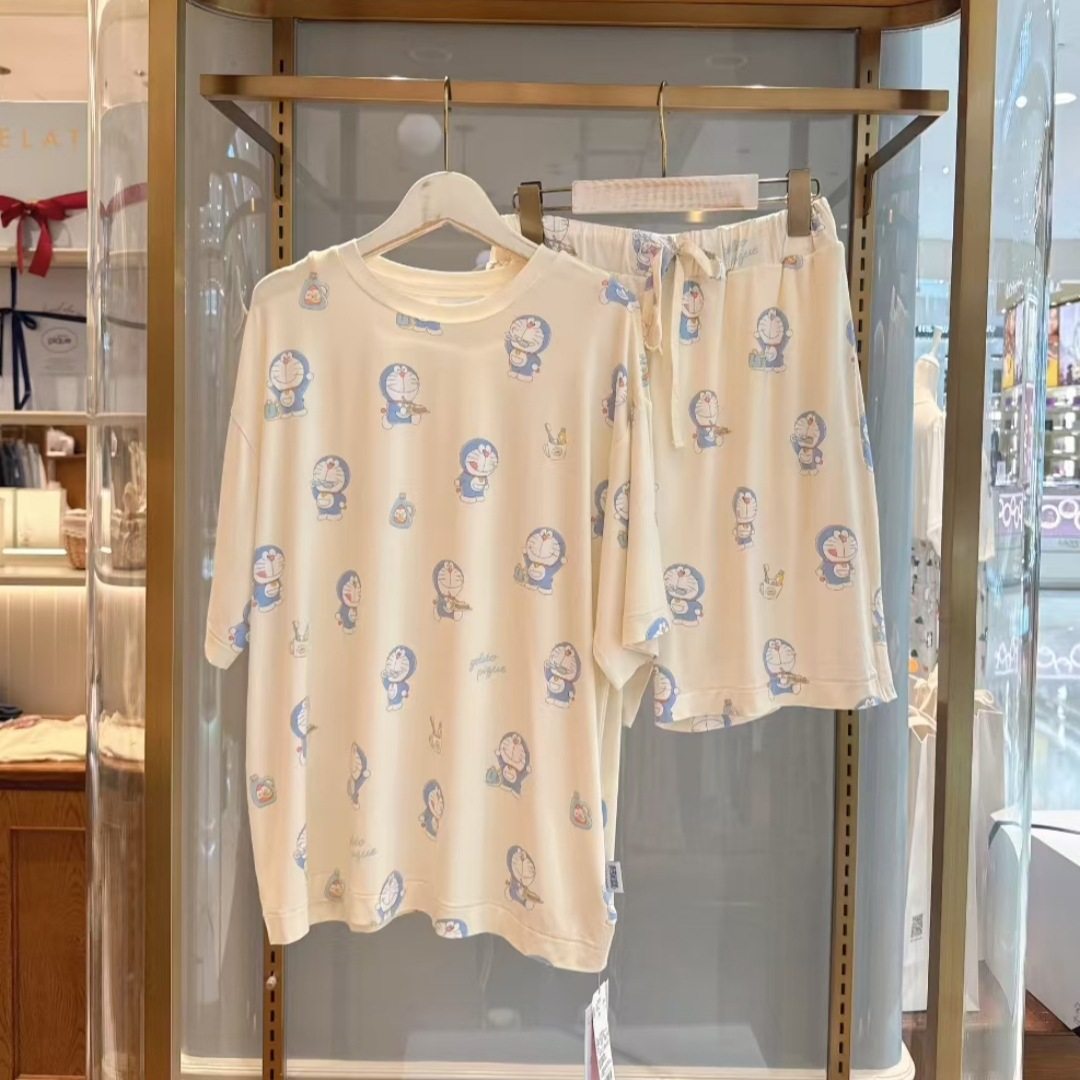 日系可爱卡通猫满印短袖短裤圆领套装男女同款莫代尔情侣睡衣夏