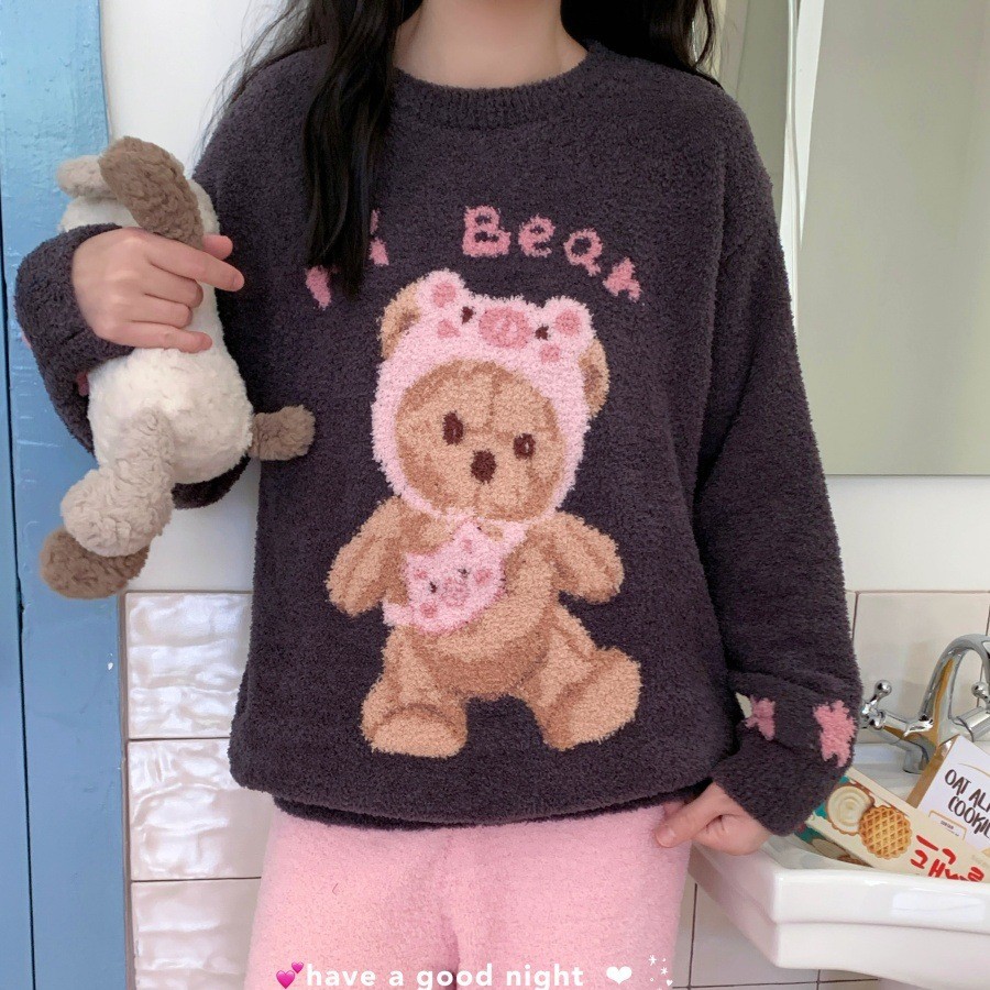 梨花甜美少女软萌半边绒睡衣女加厚套头软绵绵日系卡通小熊家居服