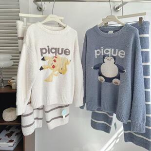 日系情侣款软绵绵卡通保暖睡衣精灵提花宽松休闲半边绒加厚家居服