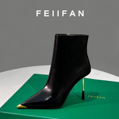 尖头高跟短靴2025新款细跟黑色靴子女秋冬加绒小个子法式真皮女鞋