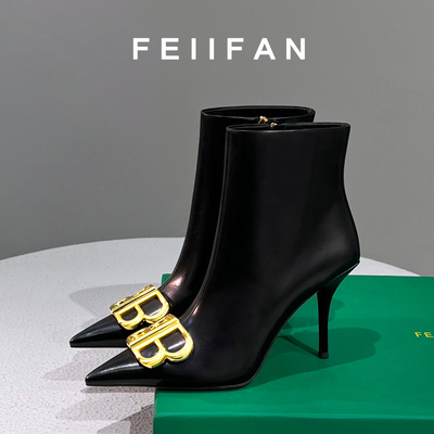 尖头高跟短靴2025新款细跟黑色靴子女秋冬加绒小个子法式真皮女鞋