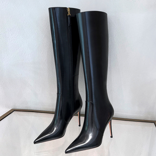 长筒靴女2025秋冬款 细跟尖头小个子不过膝靴子显瘦 真皮黑色高跟鞋