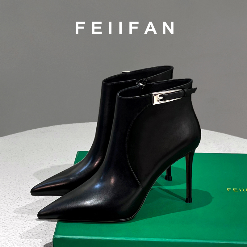 尖头高跟短靴2025新款细跟黑色靴子女秋冬小个子法式真皮女鞋增高