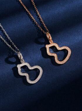 新品S925银葫芦项链微镶镀金中号寓意福禄吊坠短款女士锁骨链