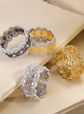 纯银镂空蕾丝戒指女精黑金