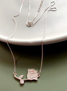 高品质S925通体纯银玫瑰花镶钻项链 闪亮花朵锁骨链 百搭时尚精致