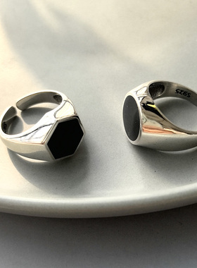 韩国 S925通体纯银黑色六边形圆形食指开口戒 大气夸张 亮面极简