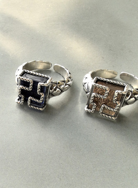 韩国定制 S925纯银菱格纹方块食指开口戒指 大气重工 设计感 6.6g