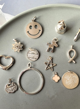 异思 韩国个性素银亮银S925纯银吊坠 铃铛爱心笑脸花朵如愿骨多款