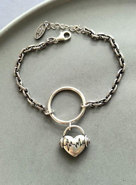 韩国 S925纯银3mm太角链心跳耳机爱心做旧手链 小众个性 质感潮酷