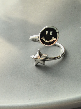 韩国 S925纯银黑色笑脸五角星交错食指开口戒指 百搭个性 时尚