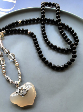 原创设计黑玛瑙灰玉髓元宝鱼儿长项链 925纯银手工毛衣链高档大气