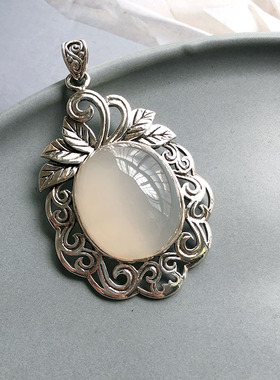 民族风S925纯银天然灰玛瑙玉髓花藤复古吊坠 钩花复古毛衣坠 高档